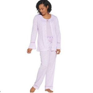 Carole Hochman 3piece Belle Sleeve Lace Trim Button-up Jacket Tank-top & Bottoms